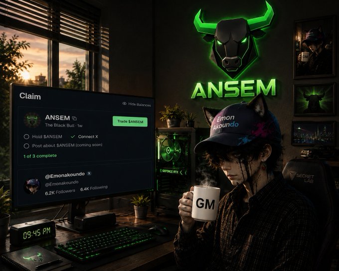 A digital illustration of a person wearing a black cap and holding a 'GM' coffee mug at a desk with a green-lit gaming PC, alongside a monitor showing a crypto airdrop claim page for '$ANSEM' on Ethereum, with a glowing green bull logo on the wall.