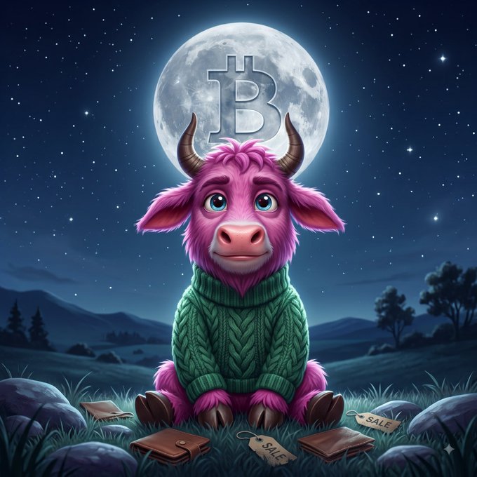 An illustration of a cute purple cow in a green sweater sitting under a full moon featuring the Bitcoin 'B' symbol, with 'SALE' tags scattered on the ground.