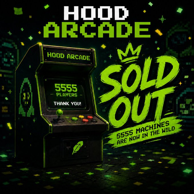 A pixel-art arcade cabinet with "HOOD ARCADE" displayed on its marquee shows "5555 PLAYERS THANK YOU!" on screen, alongside bold green "SOLD OUT" text with a crown graphic and a banner reading "5555 MACHINES ARE NOW IN THE WILD," celebrating the collection's complete sell-out on OpenSea.