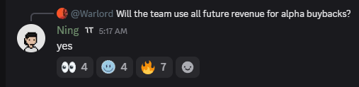 A Discord chat screenshot where user 'Ning' answers '@Warford Will the team use all future revenue for alpha buybacks?' with 'yes', receiving several emoji reactions.