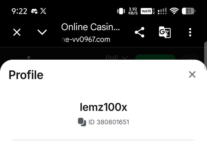 A mobile screenshot showing a profile popup on an online casino site (ne-vv0967.com) for user "lemz100x" with ID 380801651.