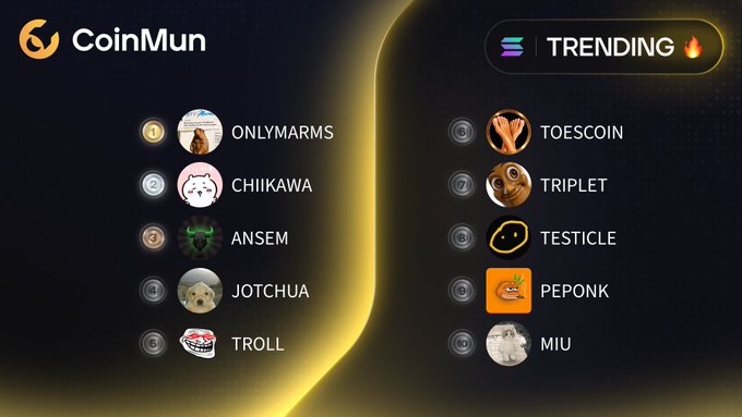 CoinMun's Top 10 Trending Solana meme coins, ranked #1–10, featuring $ONLYMARMS, $CHIIKAWA, $ANSEM, $JOTCHUA, $TROLL, $TOESCOIN, $TRIPLET, $TESTICLE, $PEPONK, and $MIU. The graphic visually matches the post's list, which spotlights nine of these tokens alongside their corresponding Twitter handles.