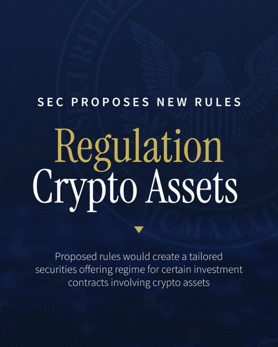 A dark blue graphic with an eagle seal reading "SEC PROPOSES NEW RULES - Regulation Crypto Assets" explaining proposed securities offering rules for crypto investment contracts.