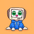 A pixel art character with a white square head, large green eyes, and a blue jacket against an orange background.