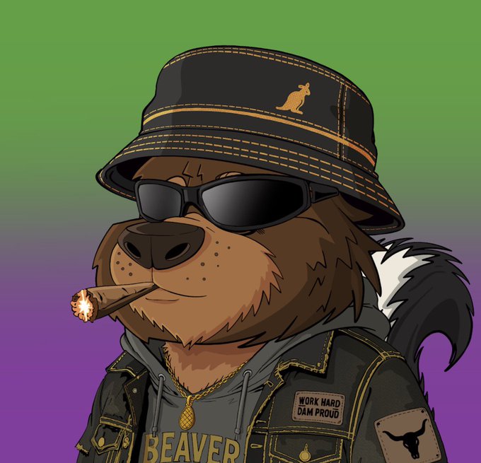 An illustration of a cartoon beaver character wearing a bucket hat, sunglasses, a denim jacket with 'BEAVER' text and patches reading 'WORK HARD DAM PROUD', smoking a cigar.