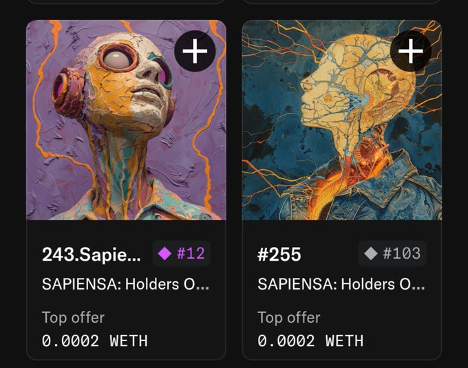 Two NFT listings from the "SAPIENSA: Holders Of..." collection are displayed, each priced at 0.0002 WETH—a common giveaway tactic where users must complete social engagement tasks (follow, like, retweet, and provide an EVM wallet) to receive the token.
