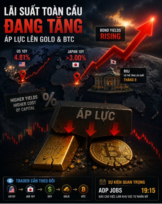 A Vietnamese financial infographic warning 'LÃI SUẤT TOÀN CẦU ĐANG TĂNG' (Global interest rates are rising), showing US 10Y at 4.81% and Japan 10Y >3.00%, with imagery depicting pressure ('ÁP LỰC') on gold and Bitcoin, and highlighting an upcoming ADP Jobs event at 19:15.