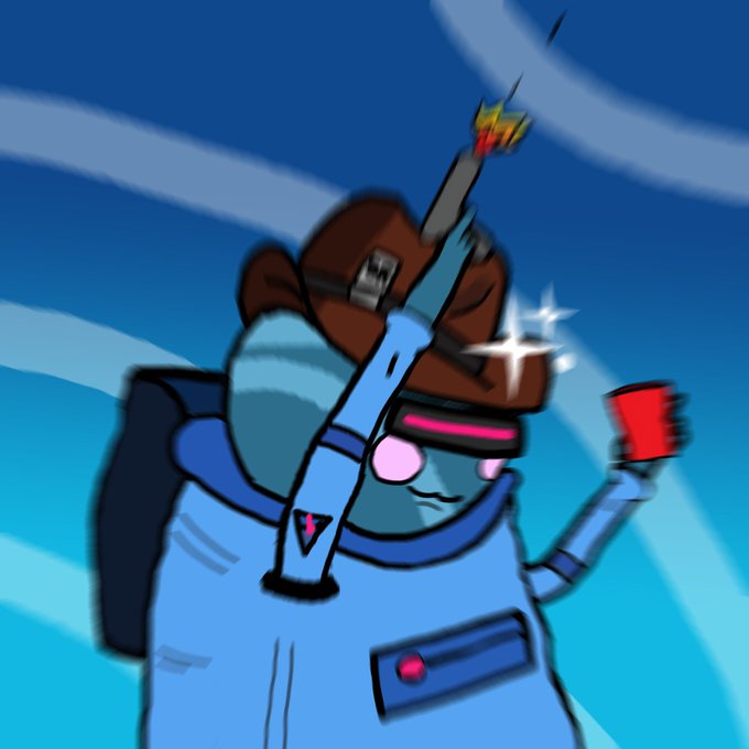 Cartoon illustration of a blue Among Us character wearing a brown cowboy hat, holding a smoking gun and a red cup, with sparkle effects nearby.