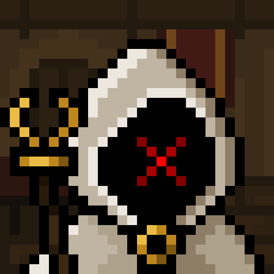 Pixel art of a figure in a white hooded cloak with a black hood, featuring a red pixelated X on the face, holding a golden trident staff, with a red 'X' marking in the center.