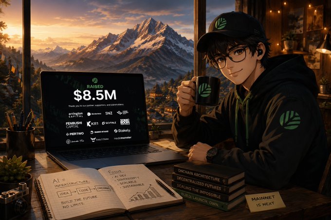 The image features an anime-style character in a black hoodie and cap holding a CNPY-branded mug, seated at a desk displaying a laptop showing "$8.5M RAISED," stack of books titled "ONCHAIN ARCHITECTURE & DECENTRALIZED FUTURES," and a sticky note reading "MAINNET IS NEXT." The scene visually represents the tweet's celebration of CNPY Network as a builder-focused project that's moved beyond easy code writing into the harder work of actually launching usable, on-chain infrastructure.