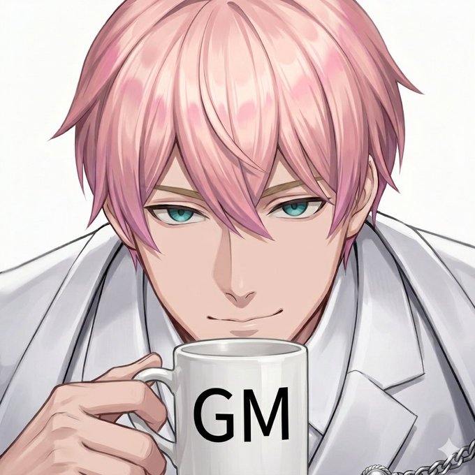 An anime-style illustration of a young man with pink hair and teal eyes holding a white mug with 'GM' printed on it.