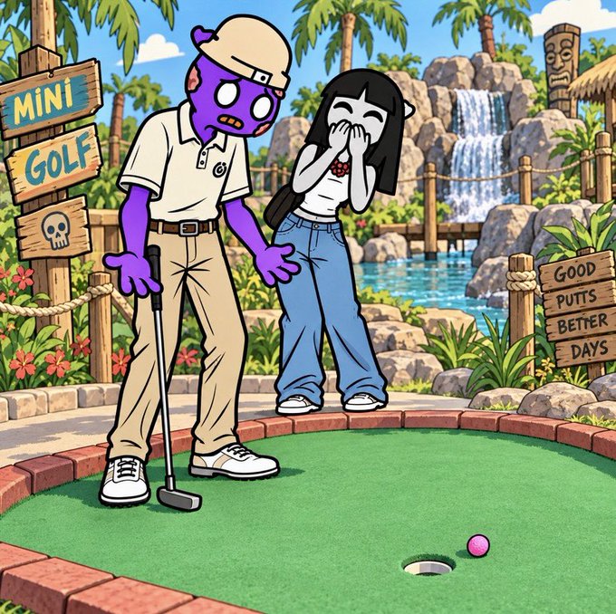 Cartoon illustration of a purple character playing mini golf while a girl laughs, with signs reading 'MINI GOLF' and 'GOOD PUTTS BETTER DAYS'.