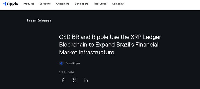 A Ripple press release page titled "CSD BR and Ripple Use the XRP Ledger Blockchain to Expand Brazil's Financial Market Infrastructure," dated September 29, 2026, reinforcing the "$4.2T on its way to XRP" claim by highlighting Ripple's expansion of Brazil's financial infrastructure through the XRP Ledger.