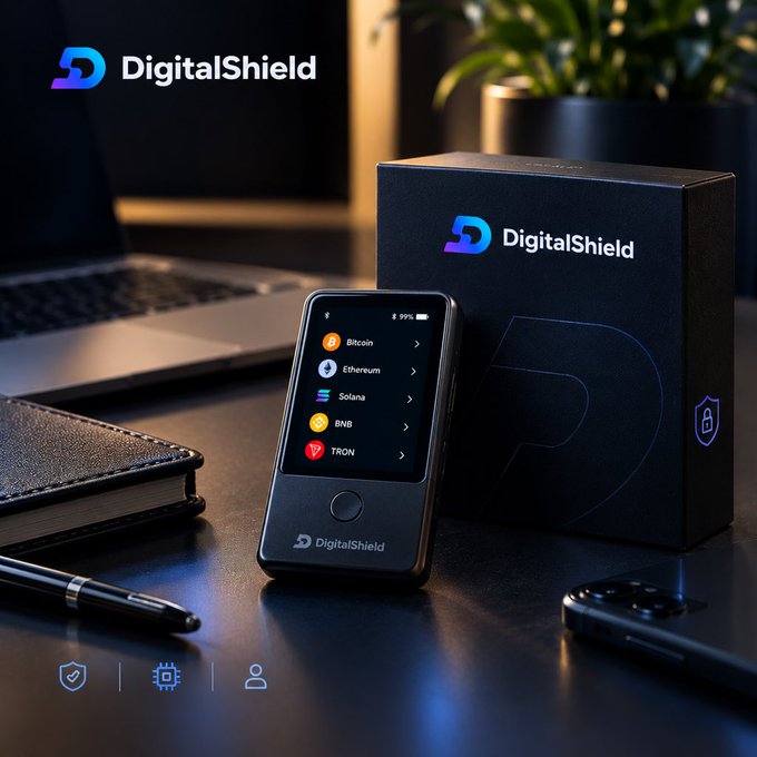 Product shot of a 'DigitalShield' hardware wallet displaying supported cryptocurrencies (Bitcoin, Ethereum, Solana, BNB, TRON) alongside its black branded packaging box.