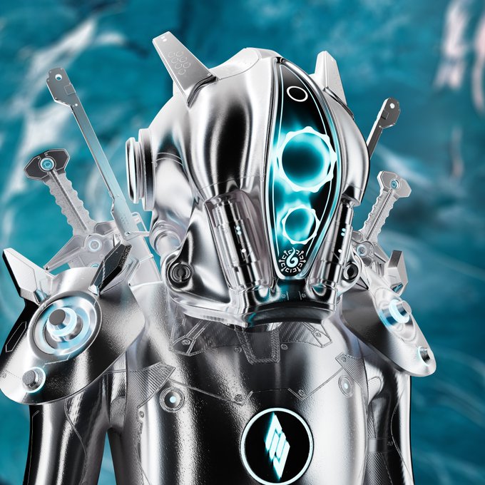 A futuristic silver robotic figure with glowing blue eyes and mechanical details stands against a blue background.