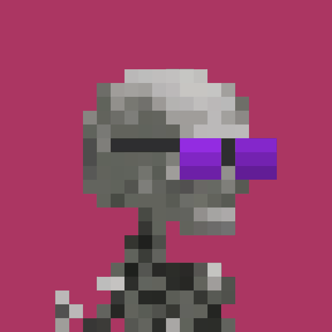 A pixel art image on a magenta background depicts a character with gray hair wearing purple sunglasses and a dark jacket.