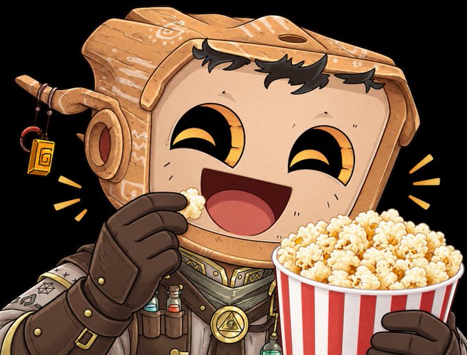 A digital illustration of a chibi character with a wooden box head happily holding a red and white striped bucket overflowing with popcorn.