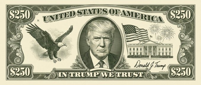 A novelty $250 bill featuring Donald Trump's portrait, a bald eagle, and the White House, with the phrase "IN TRUMP WE TRUST" replacing the traditional "In God We Trust," aligning with the post's "One Coin To Rule Them All" theme.