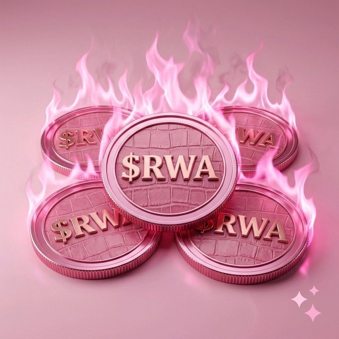 A 3D render of pink coins embossed with '$RWA' surrounded by stylized pink flames on a solid pink background.