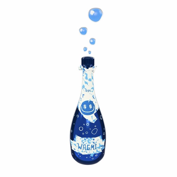 An illustration of a dark blue bottle with a popped cork releasing bubbles, featuring a label that reads 'WAGMI' and has pixelated torn paper graphics.