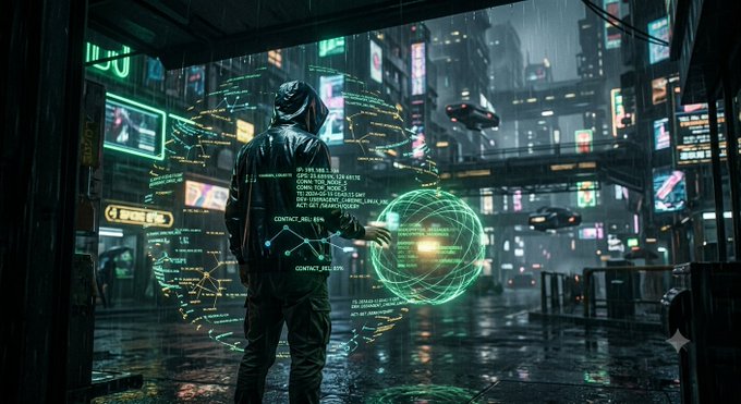 A cyberpunk-style digital artwork showing a hooded figure from behind, holding a glowing green holographic globe in a rainy neon-lit futuristic city street.