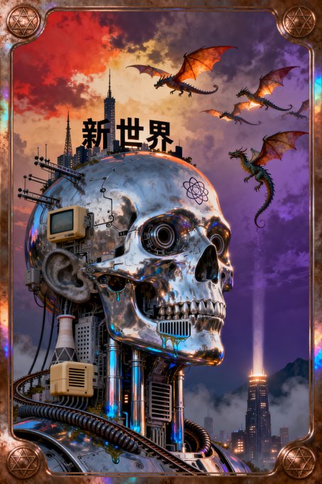 A tribute artwork from the New World Global Oracle Series featuring a cyberpunk chrome skull fused with city infrastructure, flying dragons, and an atomic symbol under a dramatic sunset sky, with the Japanese text "新世界" (New World) displayed prominently above. The post honors the late artist Ron Spears, whose style inspired the series, and invites followers to suggest new cities or themes for future installments in the collection.