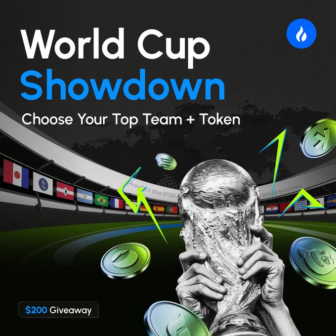 "WORLD CUP SHOWDOWN! choose your top world cup team + 1 token $200 up for grabs. Follow @HTX_Global RT + Tag 2 friends Reply with your fave world cup team and token plus why you picked them get creative." The image is an advertisement featuring a person holding a trophy, likely a World Cup trophy, against a backdrop of a football stadium with flags from various countries on the ground.