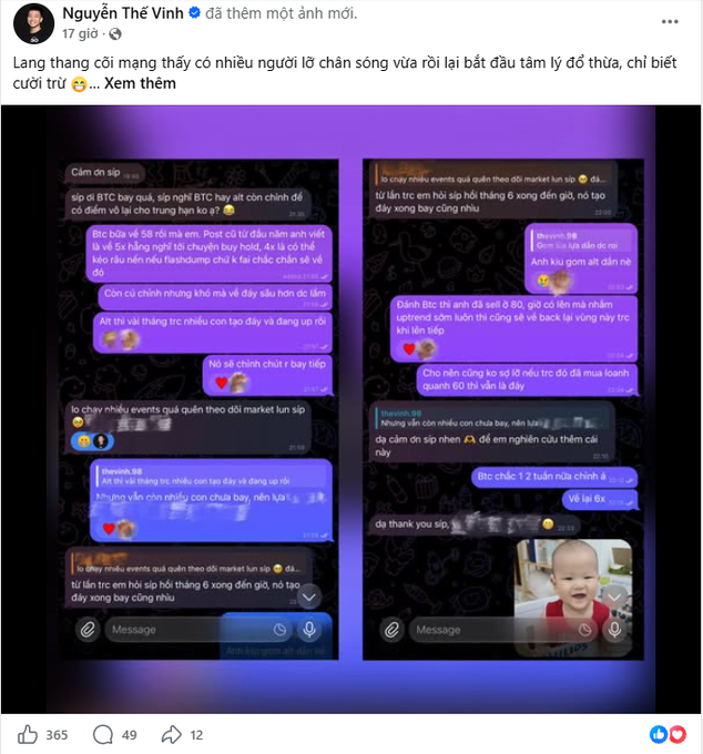 A Vietnamese Facebook post by Nguyễn Thế Vinh showing a meme about life experiences, featuring two screenshots of Messenger conversations discussing BTC trading advice ('sập ở BTC' and 'Btc chức 1.2 tuần nữa chính 4') with 365 likes, 49 comments, and 12 shares.