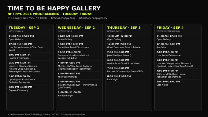 Schedule poster for 'TIME TO BE HAPPY GALLERY' NFT NYC 2026 Programming at 219 Bowery, New York, listing events from Tuesday-Friday, September 1-4.