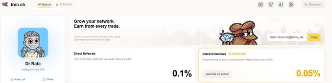 A Trenches referral dashboard for user "Dr Rafa" (trading since Aug 2026) showing a 0.1% direct referral rate and 0.05% indirect referral rate, with a copyable invite link (https://tren.ch/@brave_ref) for earning from network trades on the Solana-based attention capital platform.