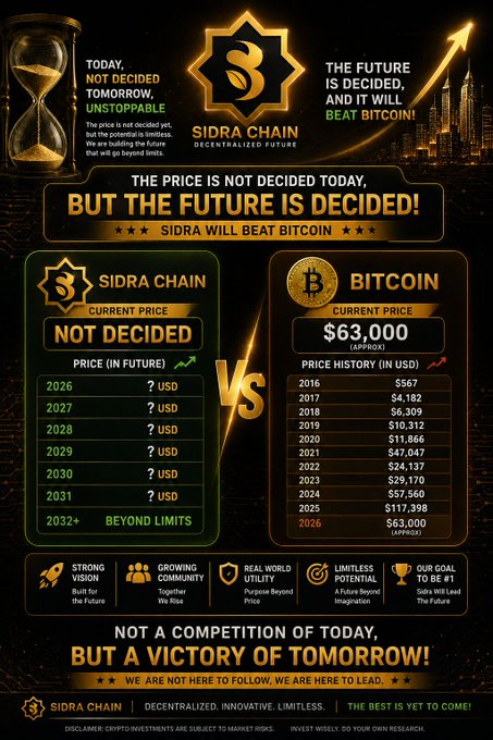 A promotional infographic titled "SIDRA WILL BEAT BITCOIN" contrasts Sidra Chain's future undetermined pricing with Bitcoin's historical growth from $567 in 2016 to $63,000 in 2026, emphasizing that "The Price Is Not Decided Today, But The Future Is Decided!" with slogans like "Strong Vision," "Growing Community," and "Our Goal to Be #1."