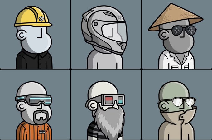 A grid of six cartoon character heads depicting different professions and styles, including a worker in a hard hat, a person in a motorcycle helmet, a figure in a conical hat with sunglasses, a person in safety goggles, a bearded man in 3D glasses, and a person with glasses and a mustache.