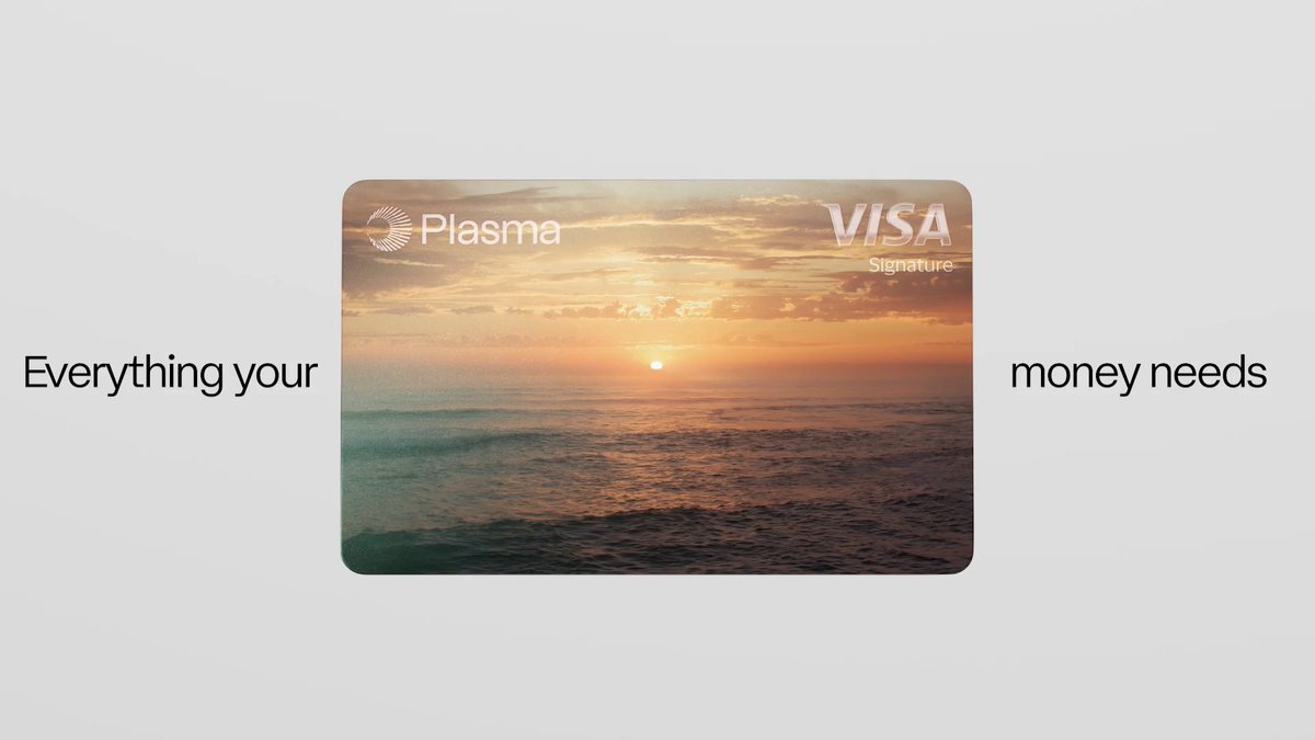 A Plasma Visa Signature card featuring a sunset ocean image is shown with the tagline 'Everything your money needs' on either side.
