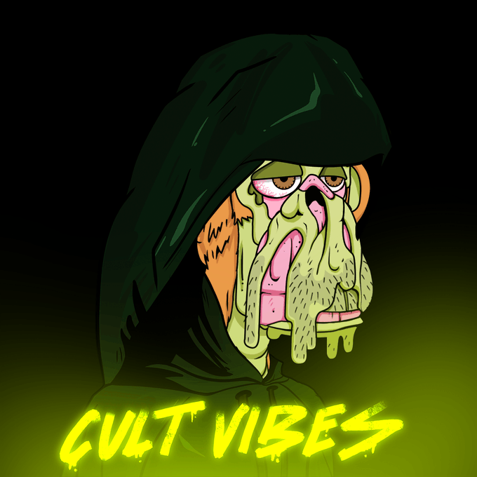 Digital illustration of a hooded figure with a grotesque, melting green and pink face, with the text 'CULT VIBES' in yellow graffiti-style lettering at the bottom.