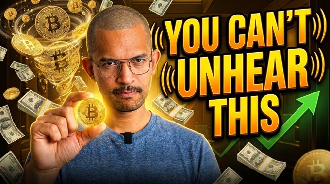 The image features a man wearing glasses holding up a gold coin, with the words "you can't hear this" written above him. The background of the image shows an upward-pointing arrow, which suggests that Bitcoin has been gaining value recently. This visual representation of the post's content emphasizes the idea that Bitcoin is becoming more popular and valuable as time goes on.