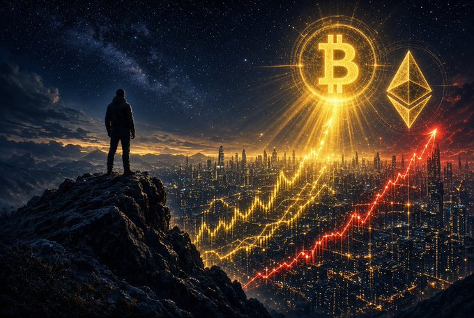 A digital illustration of a person standing on a rocky mountain peak at night, overlooking a glowing city skyline with large Bitcoin and Ethereum logos in the sky and rising yellow and red price chart lines.
