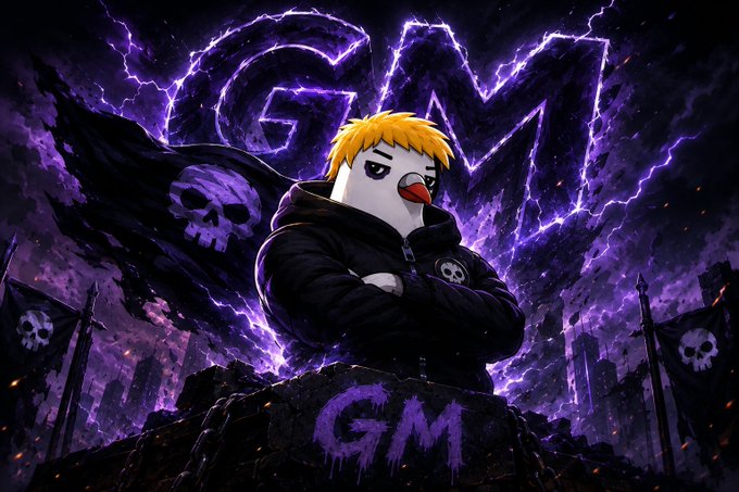 An anime-style illustration of a character with a penguin head and blonde hair wearing a black hoodie with crossed arms, set against a dark purple background with lightning, skulls, and 'GM' text.