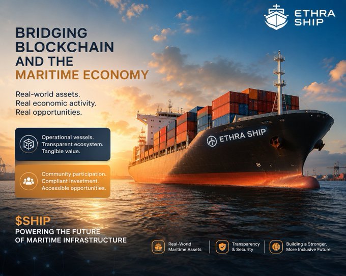 A promotional graphic for ETHRA SHIP token reading 'Bridging Blockchain and the Maritime Economy' featuring a large container ship, highlighting real-world assets and $SHIP token.