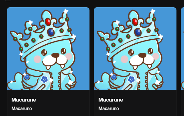 Two side-by-side identical NFT cards featuring a blue cartoon character called 'Macarune' wearing a jeweled crown, with the name 'Macarune' displayed twice below the artwork.
