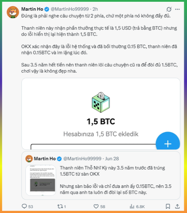A Twitter post by Martin Ho (@MartinHo99999) in Vietnamese discussing a story about a young man who won 1.5 BTC from OKX 3.5 years ago but was shorted 0.15 BTC due to a display error.