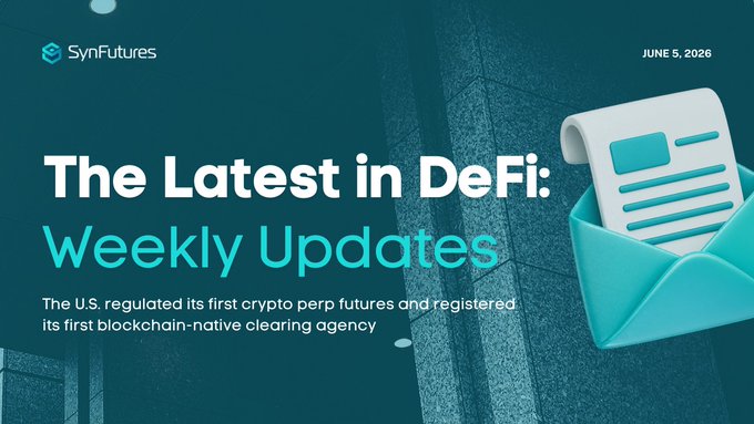 The image features a blue envelope with white text that says "The Latest in DEFI: Weekly Updates" written on it, along with a picture of an envelope containing a document. The text also mentions that the U.S. has just wired its financial system onto-chain and that the SEC registered the first blockchain-native clearing agency. Additionally, there is a link to a post about the latest round-up in DeFi.