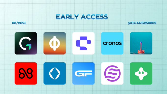 An 'EARLY ACCESS' graphic dated '08/2026' by @QUANG250802 showcases a 2x5 grid of cryptocurrency and tech brand icons including Cronos, alongside others in various colors.