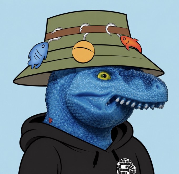 A digital illustration of a blue dinosaur wearing a green fishing hat decorated with fish charms and a black 'World of Tanks' hoodie.