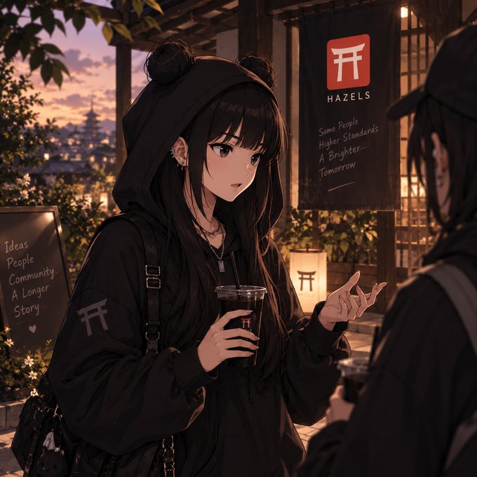An anime-style illustration of a girl in a black hoodie with bear ears holding an iced drink, standing in front of a 'HAZELS' banner reading 'Some People, Higher Standards, A Brighter Tomorrow' and a chalkboard sign reading 'Ideas, People, Community, A Longer Story.'