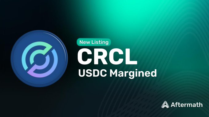 The image announces a new listing of CRCL (Circle, the USDC issuer) on the Aftermath exchange with USDC margined trading, featuring a stylized "C" logo against a teal gradient background — fitting the "Happy arc day!" caption as a nod to Circle's arc-shaped logo celebrating the token's debut.