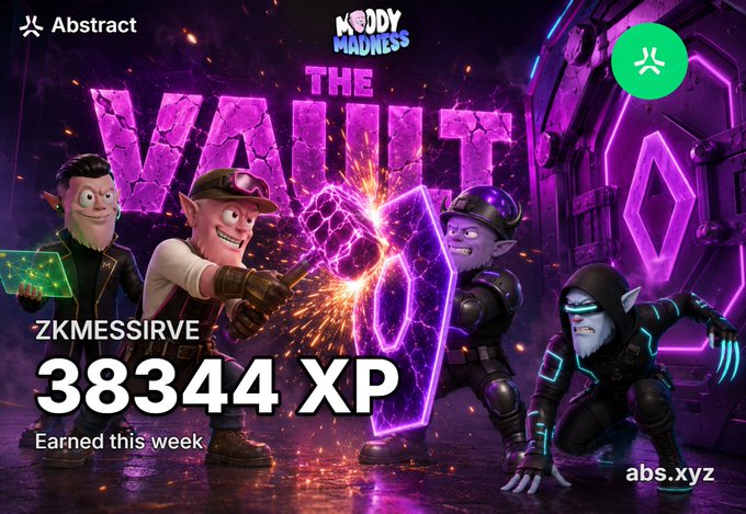 A colorful gaming graphic for 'Abstract' featuring 'ZKMESSIRVE 38344 XP Earned this week' and 'THE VAULT' with cartoonish characters in a neon-lit environment.