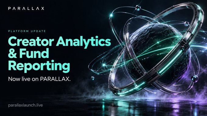 A promotional graphic for PARALLAX announces a platform update with the headline "Creator Analytics & Fund Reporting" now live, set against a futuristic cosmic backdrop featuring a glowing planetary sphere encircled by metallic rings and teal light trails. The "PARALLAX" logo appears in the top-left corner with the website "parallaxlaunch.live" listed at the bottom, visually emphasizing the announcement of new tools like campaign tracking, click-through reports, and revenue reporting designed for creators.