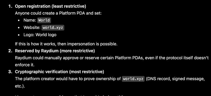 The image outlines three levels of platform PDA creation restrictions on Raydium: open registration, reserved approval, and cryptographic verification. It relates to the post by questioning whether Raydium approved a fake "world" PDA or if the contract address `SmsAPocWT66xxXEbTakqC1SDyYpeUoNYCk82gLB9wrd` is legitimately for the $world project launching on Raydium.