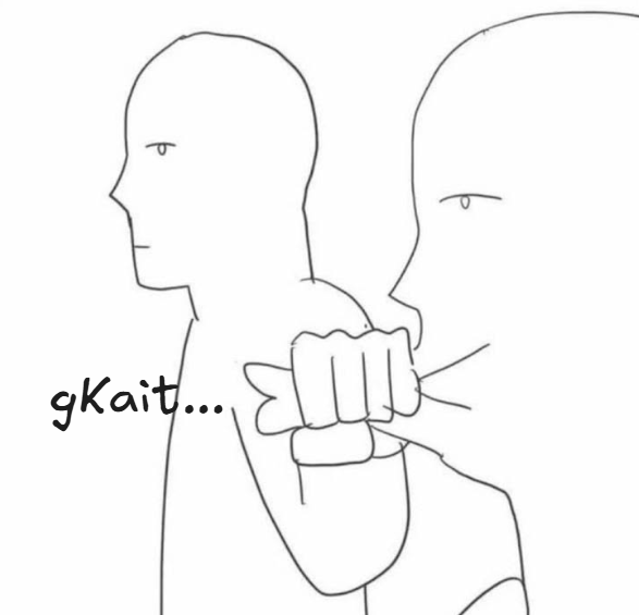 A minimalist black-and-white line drawing of two faceless figures facing away, with one figure's hand visible in the foreground and handwritten text reading 'gKait...'.