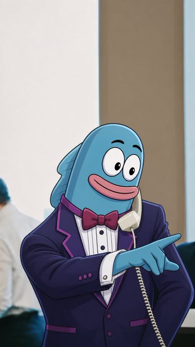 An illustration of a blue anthropomorphic character in a blue tuxedo with a red bowtie, holding a telephone receiver and pointing to the side.